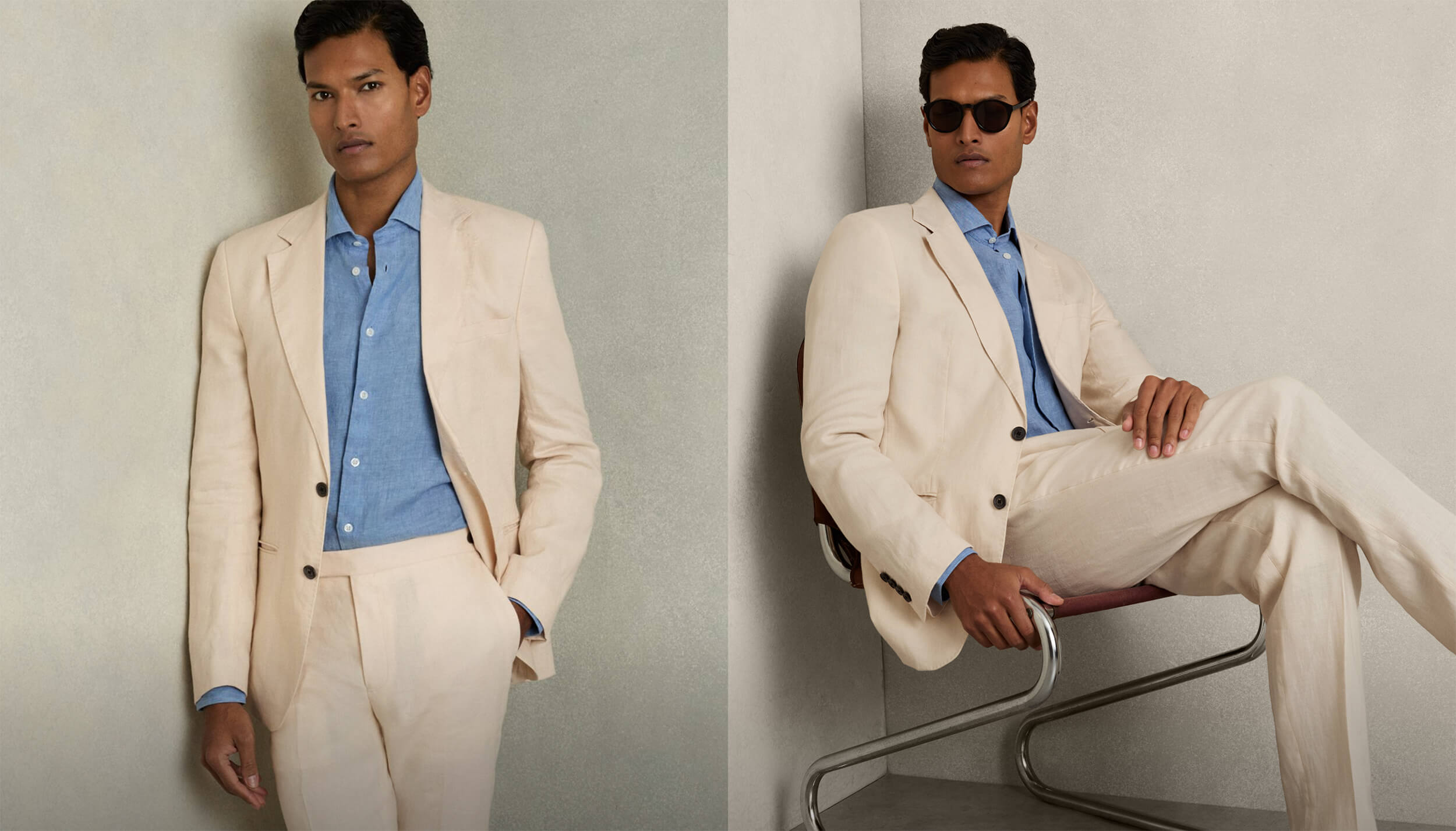 Man in cream suit showcase